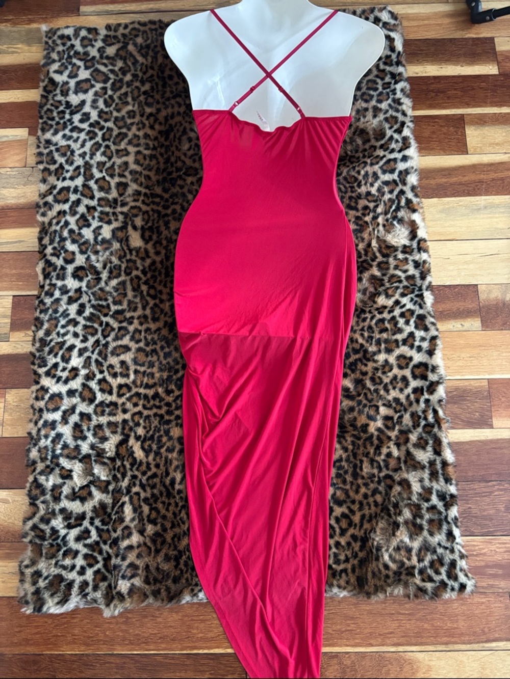 Red Asymmetrical Ruched Slip Dress - Picture 3 of 7